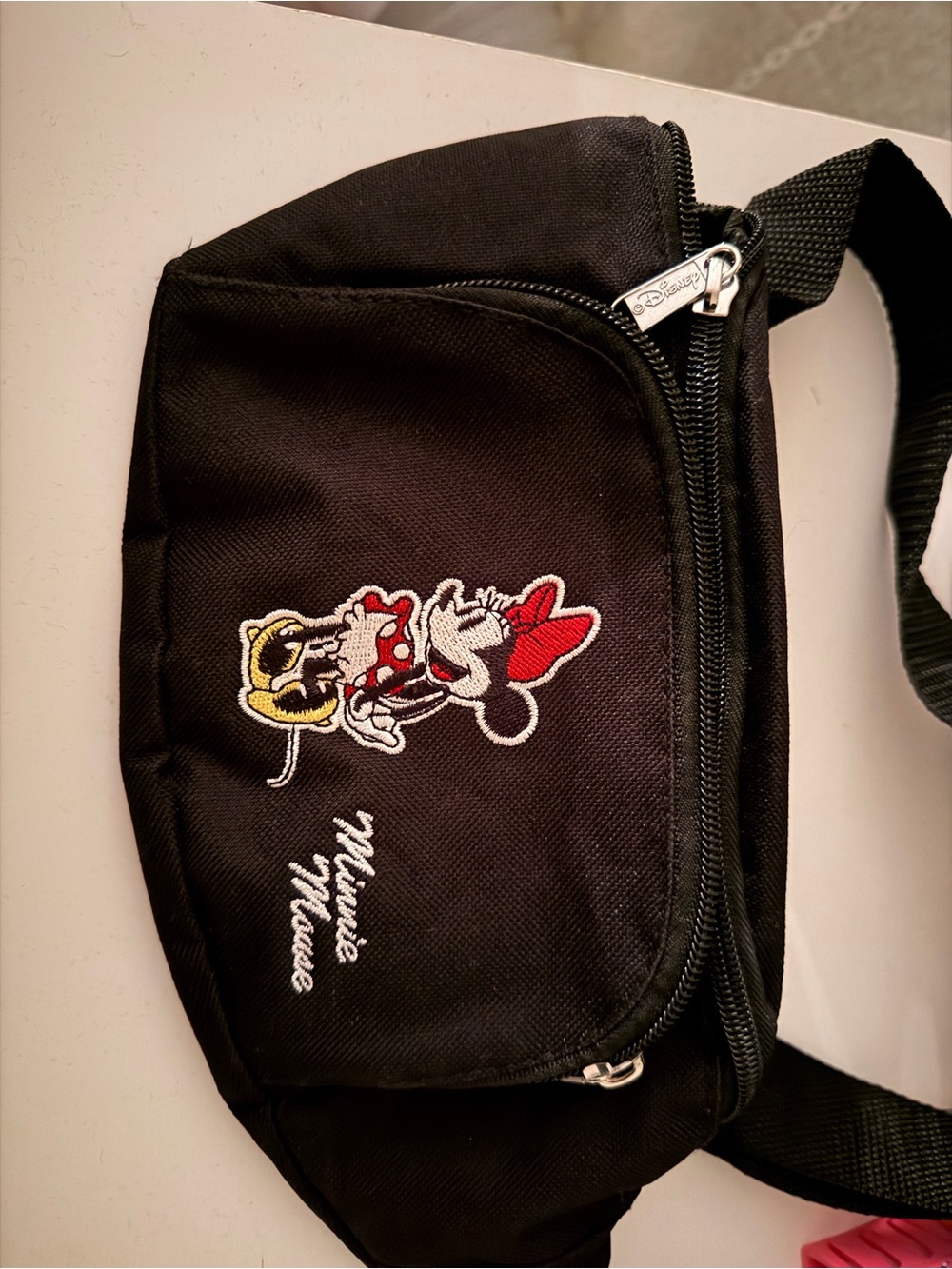 Disney Black Minnie Mouse Embroidered Belt Bag with Red Accent